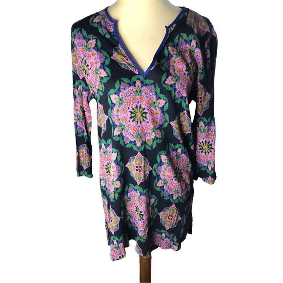 J Crew Blue Pink Medallion V Neck 3/4 Sleeve Gauze Cotton Tunic Swimsuit Cover U - Picture 1 of 13
